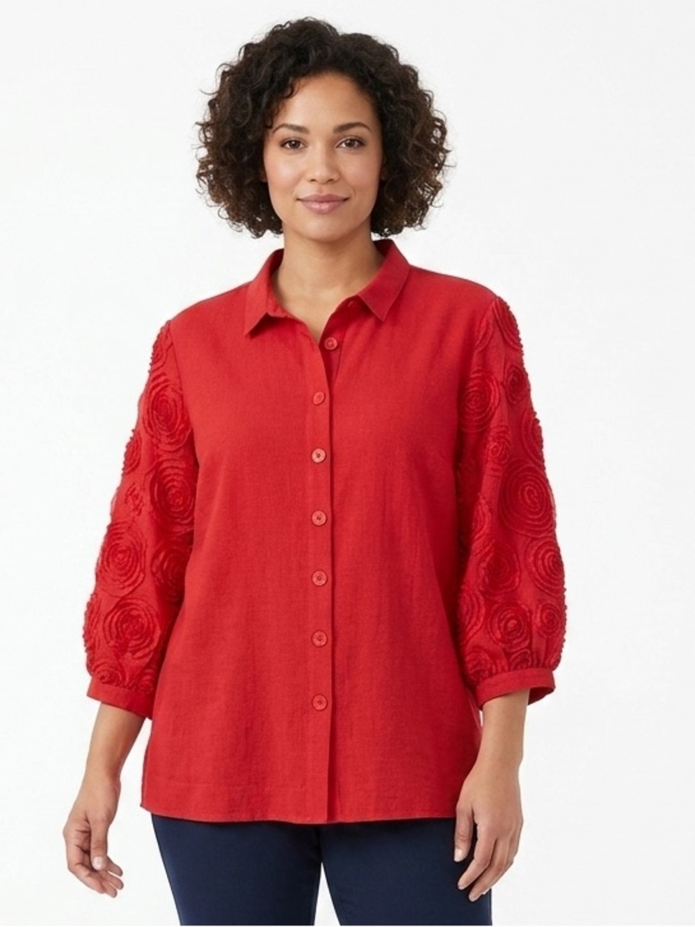 John Mark Red Button Front Shirt with Rosette Sleeve Detail Large